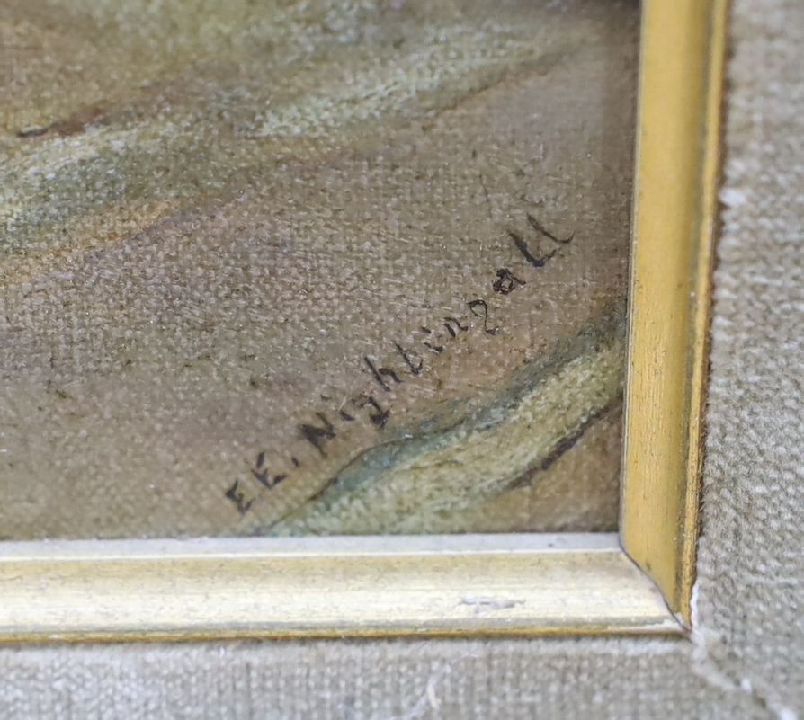 E.E. Nightingall circa 1930, oil on canvas, Woman boarding a sailing ship, signed, 61 x 22cm